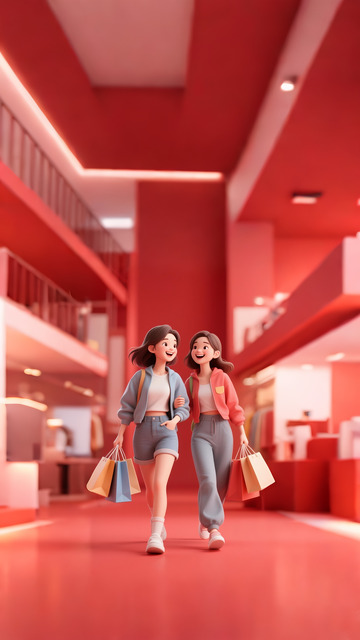 电商购物背景女孩购物车红色喜庆1