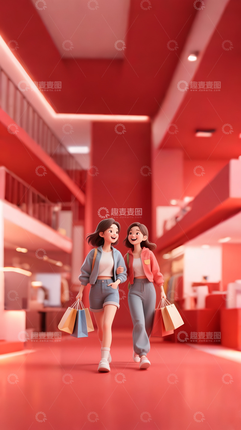 高清大图下载【趣麦麦图】电商购物背景女孩购物车红色喜庆1