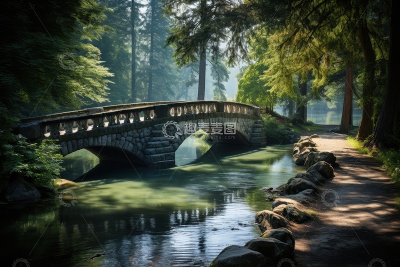 高清大图下载【趣麦麦图】树林里的石头拱桥
