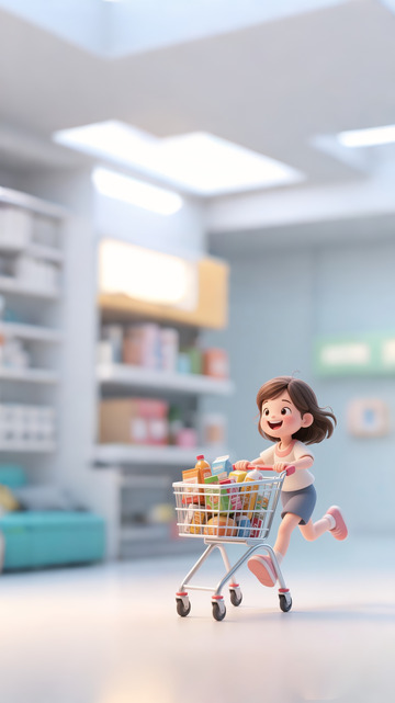 电商购物背景购物的女孩3D渲染可爱女孩