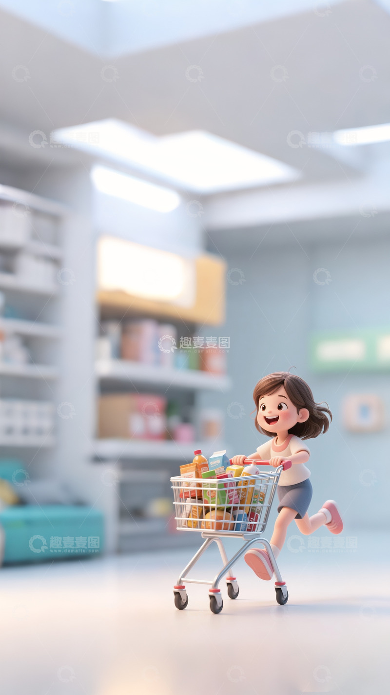 高清大图下载【趣麦麦图】电商购物背景购物的女孩3D渲染可爱女孩