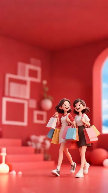 电商购物背景女孩购物车红色喜庆2