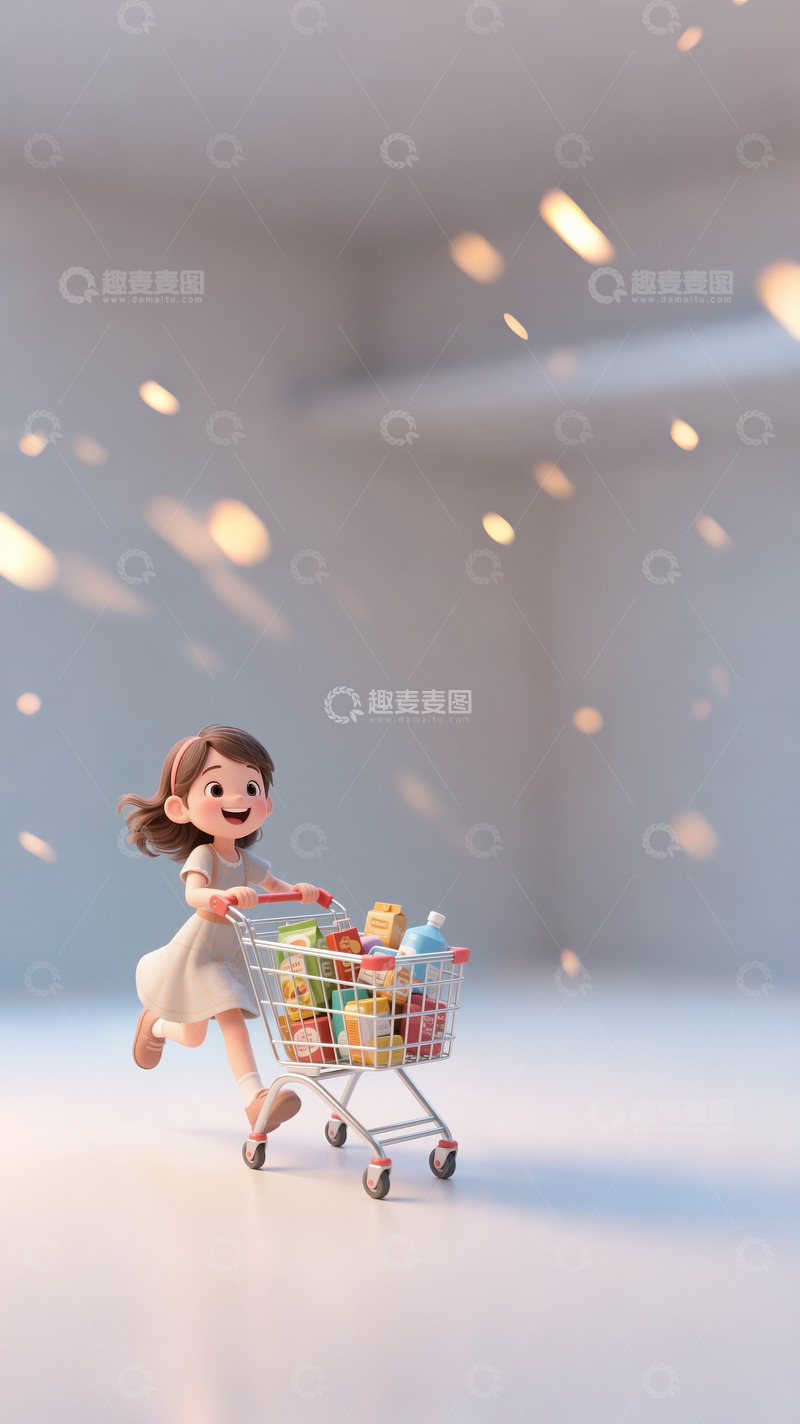 高清大图下载【趣麦麦图】电商购物背景购物的女孩3D渲染可爱女孩3