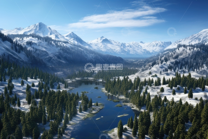 高清大图下载【趣麦麦图】冬季雪山松树林河流