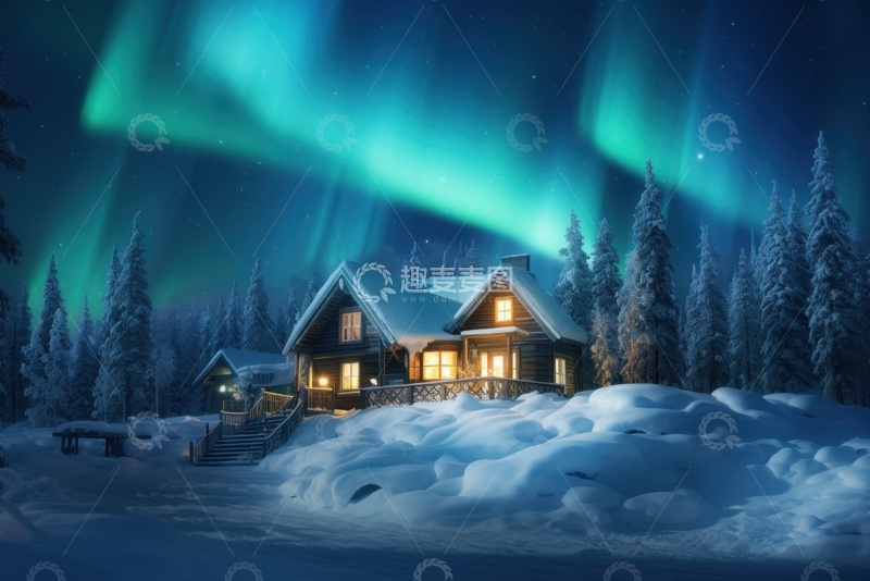 高清大图下载【趣麦麦图】北极极光下的小房屋