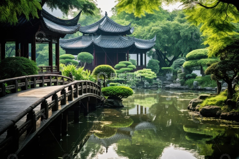 高清大图下载【趣麦麦图】园林木桥湖泊建筑美景