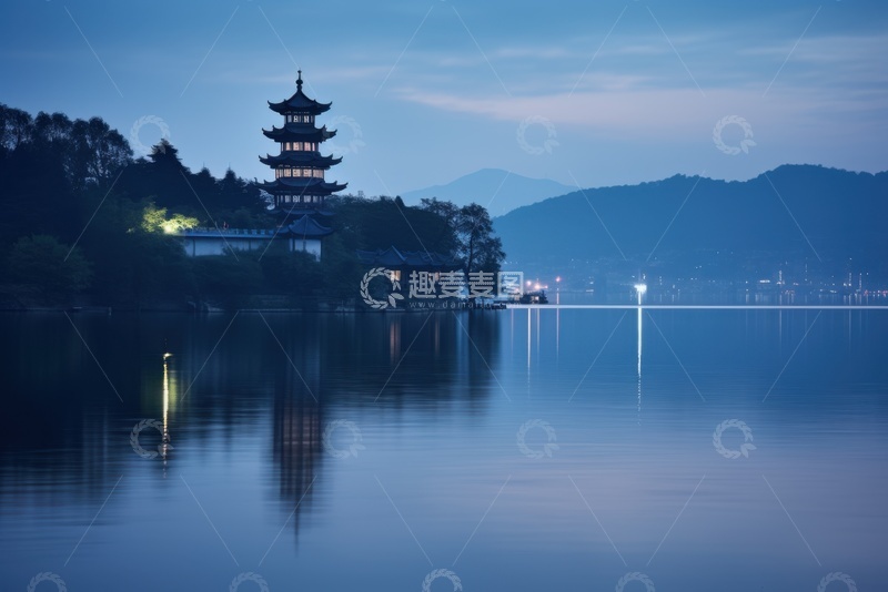 高清大图下载【趣麦麦图】夜幕下的公园湖泊