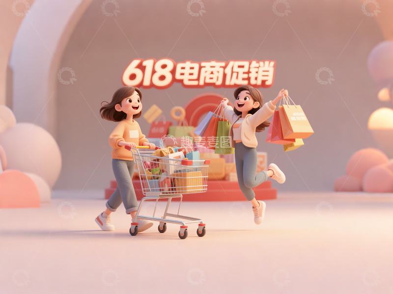 618电商购物狂欢的女孩3D渲染