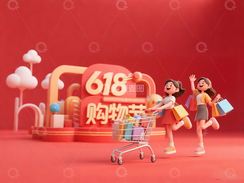 618电商购物狂欢的女孩3D渲染1