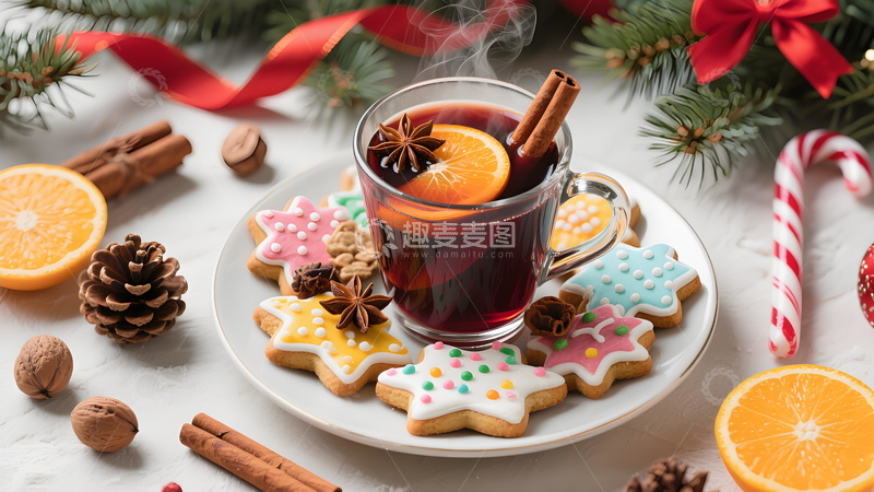 高清大图下载【趣麦麦图】节日温馨圣诞节热饮红酒与饼干糖果水果