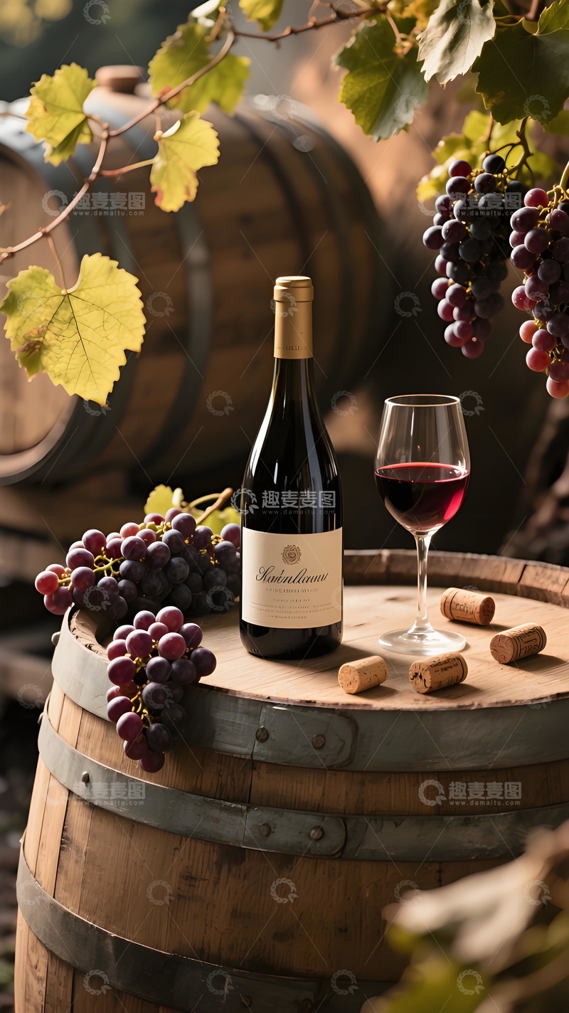 高清大图下载【趣麦麦图】田园复古风木桶上面放置着葡萄酒和高脚杯