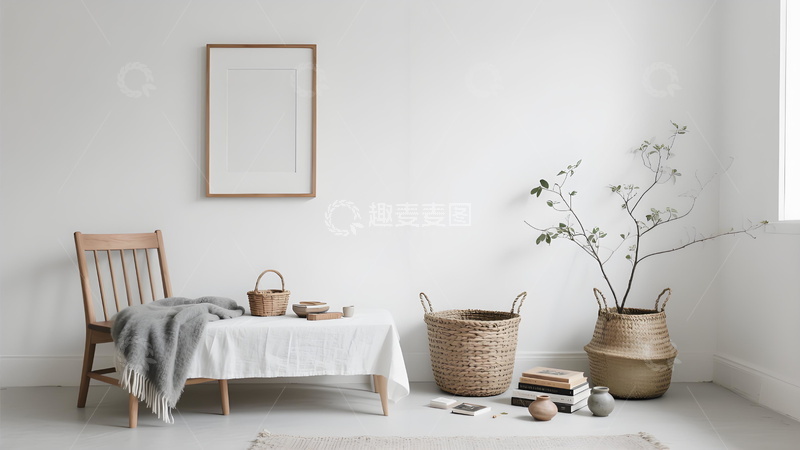 高清大图下载【趣麦麦图】家居场景北欧风室内一角木桌编制篮简约背景