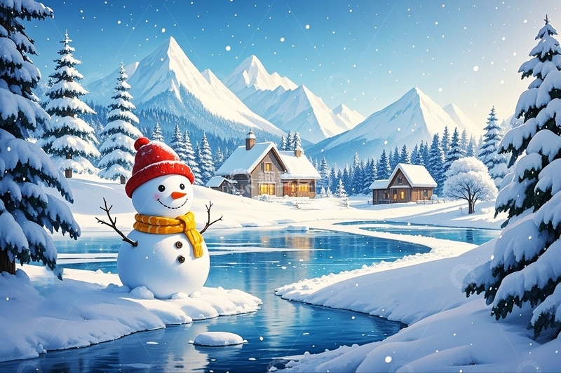 高清大图下载【趣麦麦图】冬日雪景里的可爱雪人8