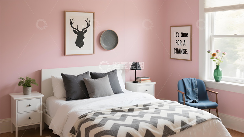 高清大图下载【趣麦麦图】室内设计粉色墙面床品装饰画现代简约卧室