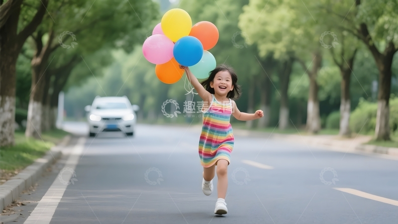高清大图下载【趣麦麦图】持气球奔跑的小女孩1