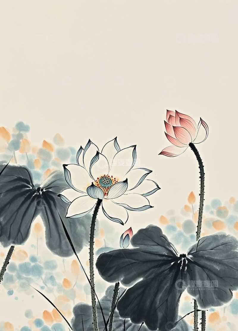 高清大图下载【趣麦麦图】-水墨荷花背景3