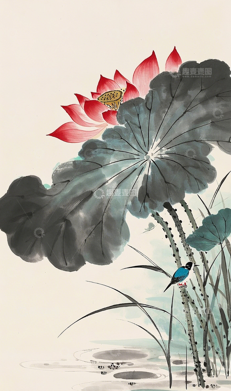 高清大图下载【趣麦麦图】荷花小鸟水墨画1