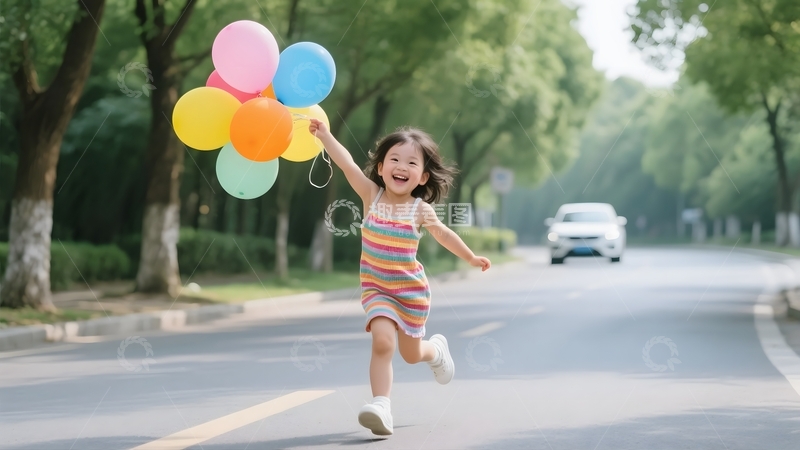 高清大图下载【趣麦麦图】持气球奔跑的小女孩2
