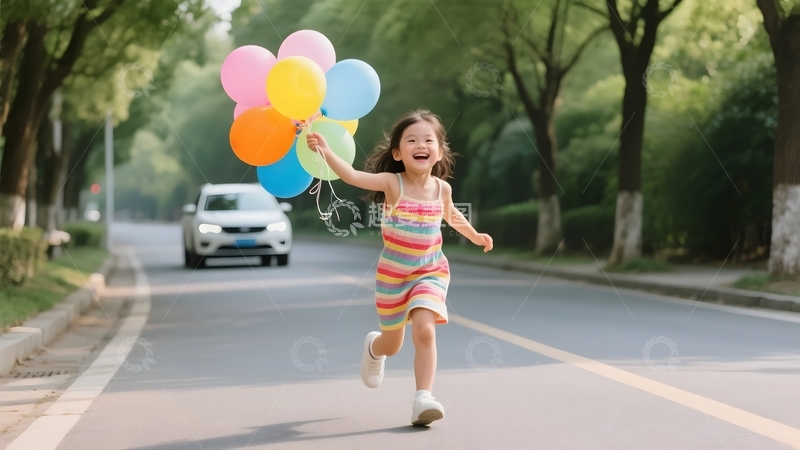 高清大图下载【趣麦麦图】持气球奔跑的小女孩