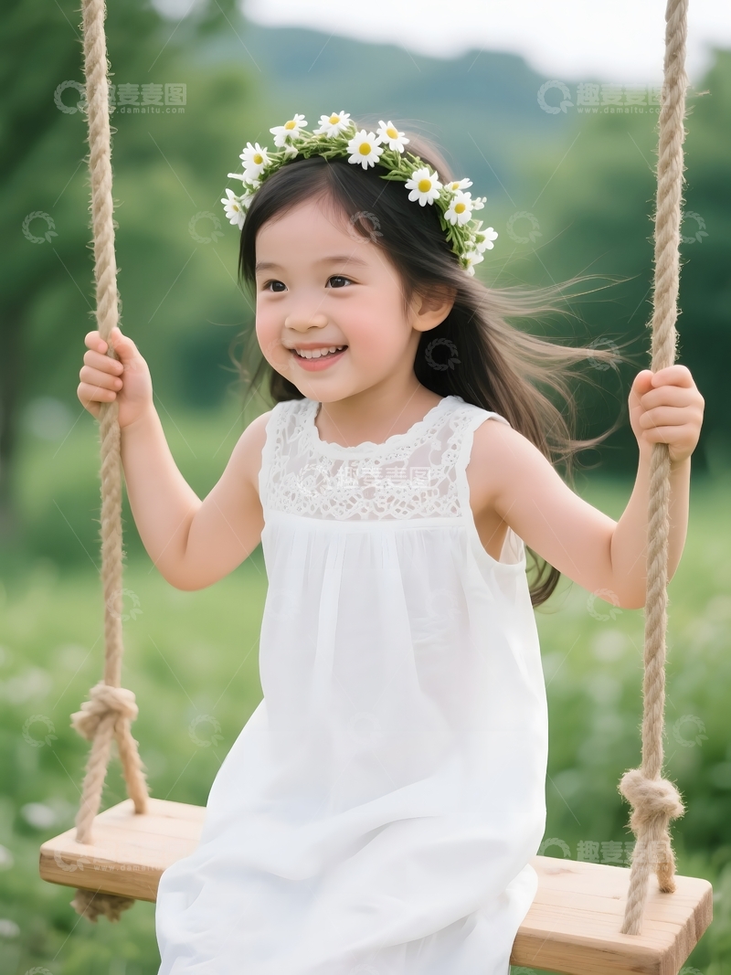 戴花环荡秋千的女孩