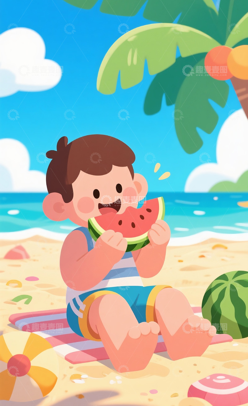 高清大图下载【趣麦麦图】小男孩吃西瓜插画4