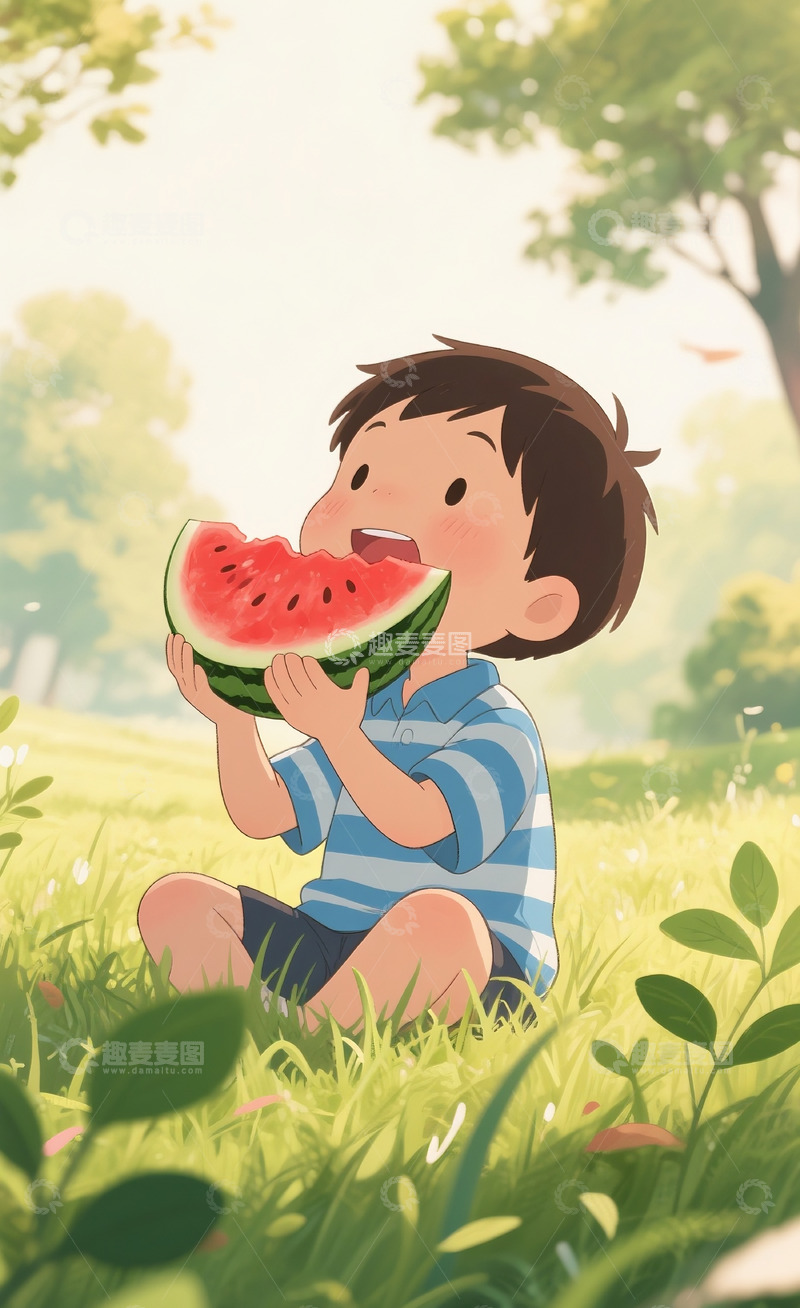 高清大图下载【趣麦麦图】小男孩吃西瓜插画