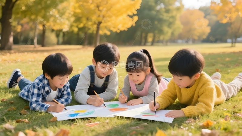 高清大图下载【趣麦麦图】秋日户外共绘的孩童