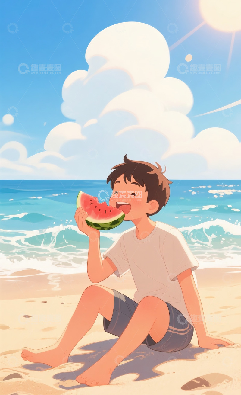 高清大图下载【趣麦麦图】小男孩吃西瓜插画8