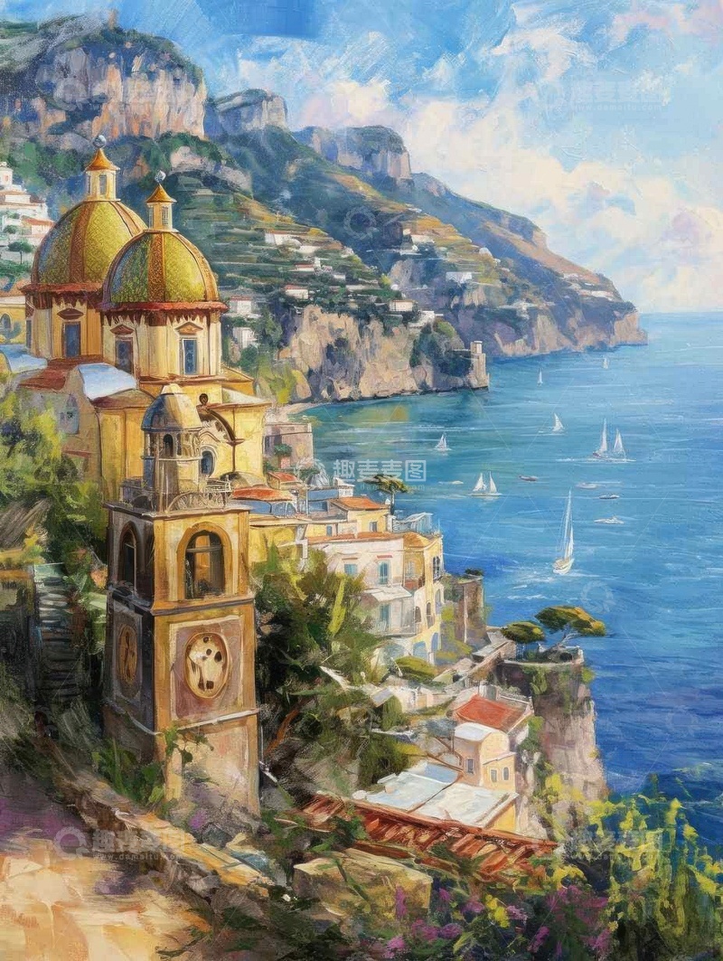 高清大图下载【趣麦麦图】复古海边建筑油画AI壁纸高清图片背景素材1