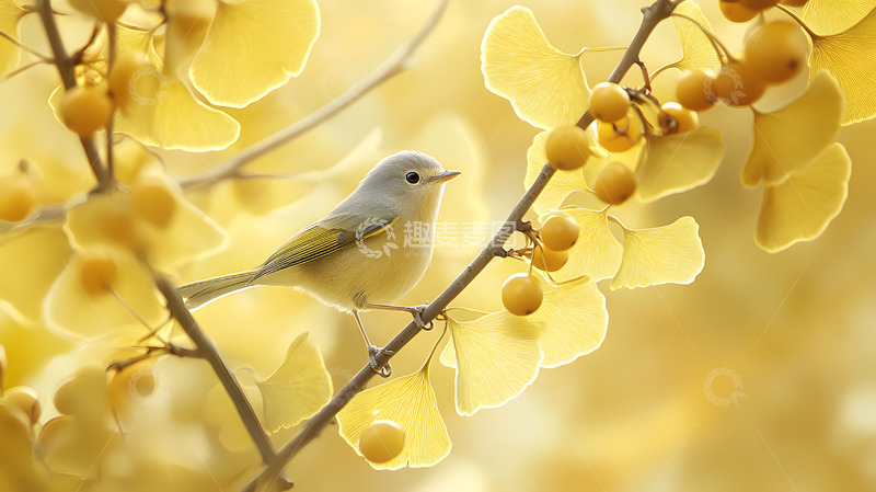 高清大图下载【趣麦麦图】秋天金色叶子与小鸟1