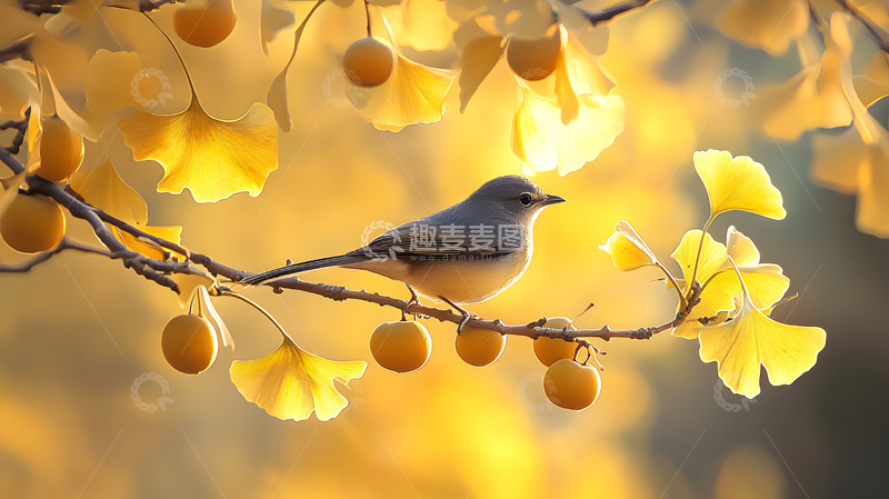 高清大图下载【趣麦麦图】秋天金色叶子与小鸟3