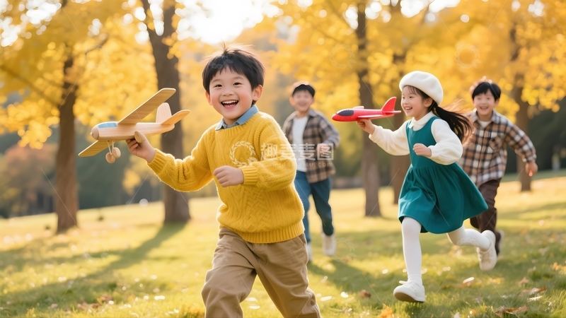 高清大图下载【趣麦麦图】秋日里玩飞机的孩童3