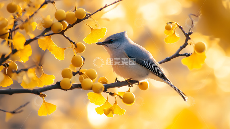 高清大图下载【趣麦麦图】秋天金色叶子与小鸟5