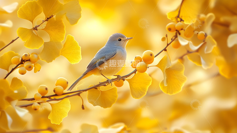 高清大图下载【趣麦麦图】秋天金色叶子与小鸟