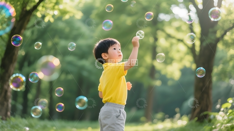 高清大图下载【趣麦麦图】男孩与阳光下的泡泡3