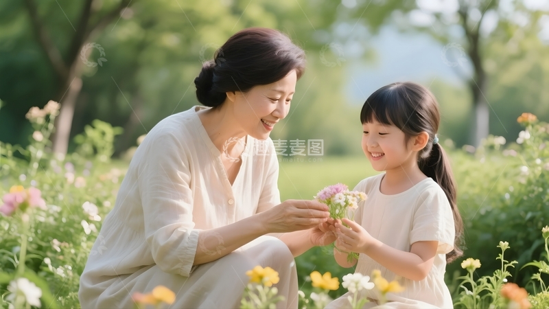 高清大图下载【趣麦麦图】母女花间温馨互动1