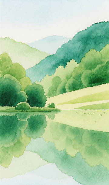 绿色山川水彩