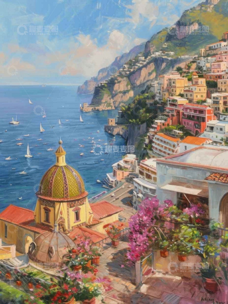 高清大图下载【趣麦麦图】复古海边建筑油画AI壁纸高清图片背景素材