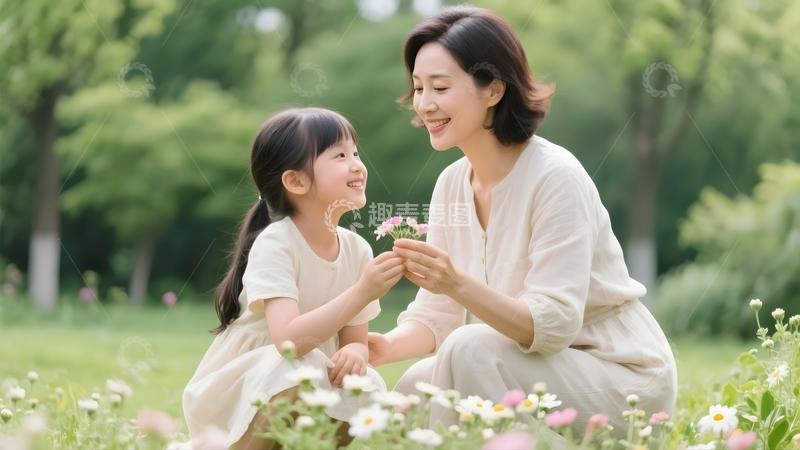 高清大图下载【趣麦麦图】母女花间温馨互动