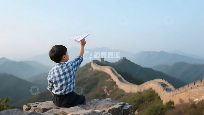 高清大图下载【趣麦麦图】长城上放飞纸飞机的男孩2
