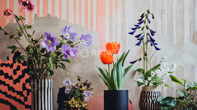 高清大图下载【趣麦麦图】几何墙纸前的花卉装饰素材背景4