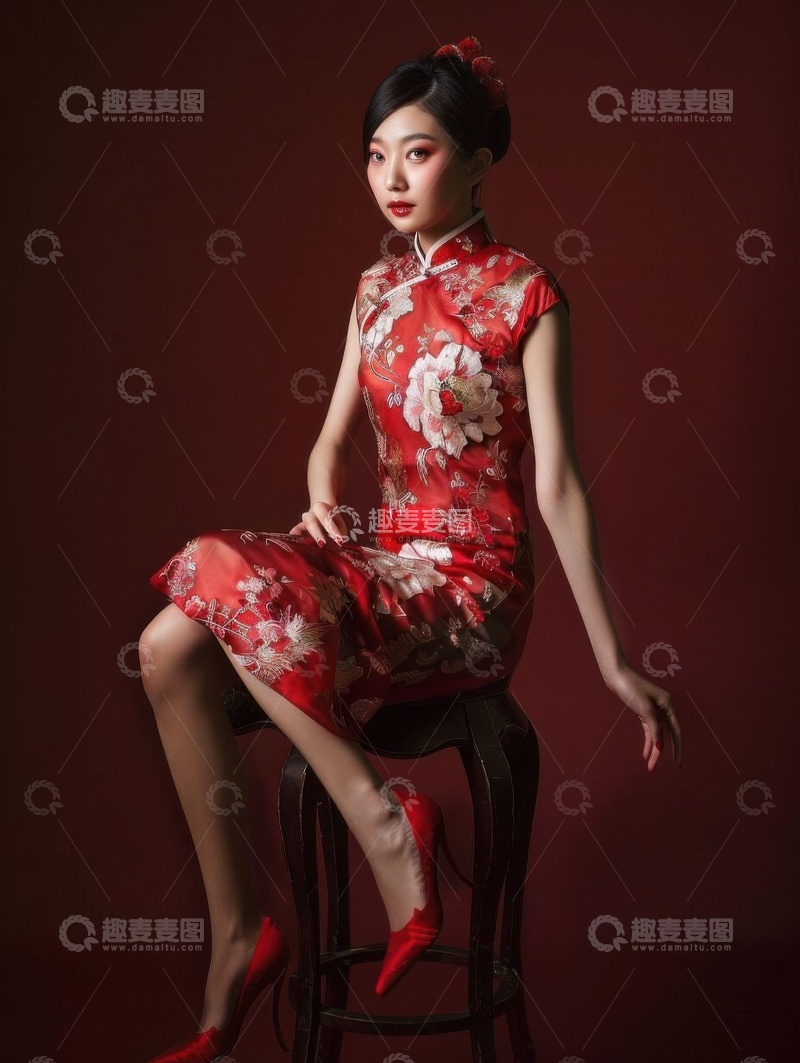 高清大图下载【趣麦麦图】美丽典雅穿旗袍的少女AI壁纸高清图片背景1