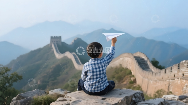 高清大图下载【趣麦麦图】长城上放飞纸飞机的男孩3