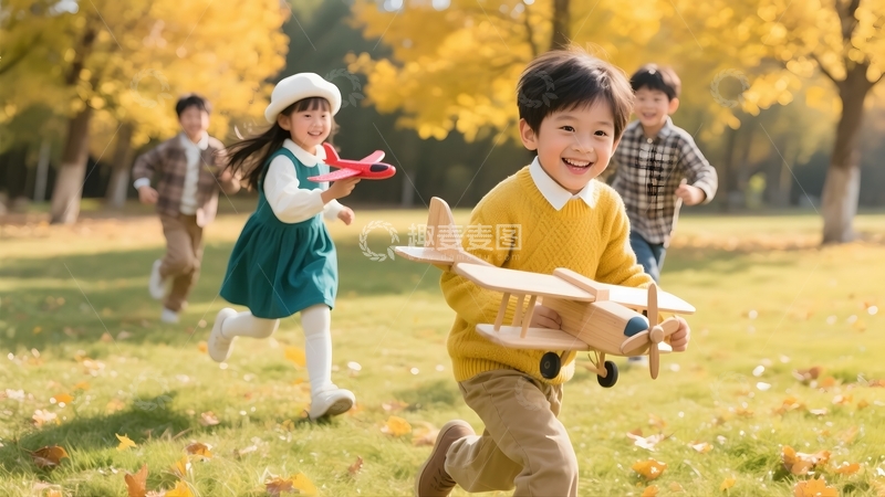 高清大图下载【趣麦麦图】秋日里玩飞机的孩童