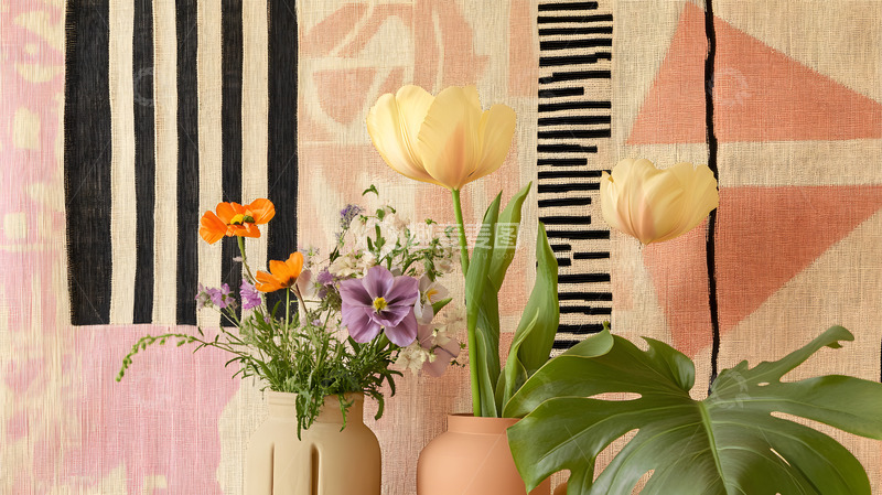 高清大图下载【趣麦麦图】几何墙纸前的花卉装饰素材背景1