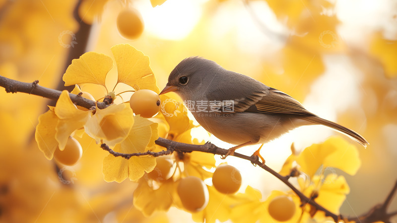 秋天金色叶子与小鸟2