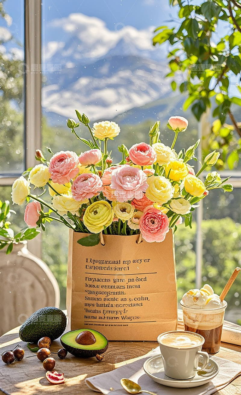 高清大图下载【趣麦麦图】牛皮纸袋装着洋牡丹2