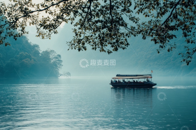 高清大图下载【趣麦麦图】户外湖泊上的观光船