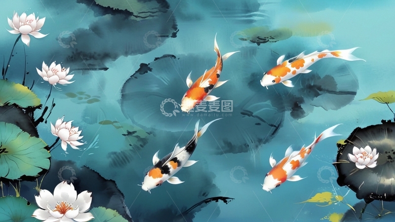 高清大图下载【趣麦麦图】中国风水墨画锦鲤鲤鱼4