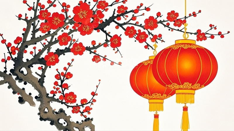 高清大图下载【趣麦麦图】中国新年灯笼梅花背景7